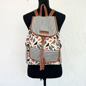 Union Bay 2010s Twee Bird Print Canvas Brown Faux Leather Backpack